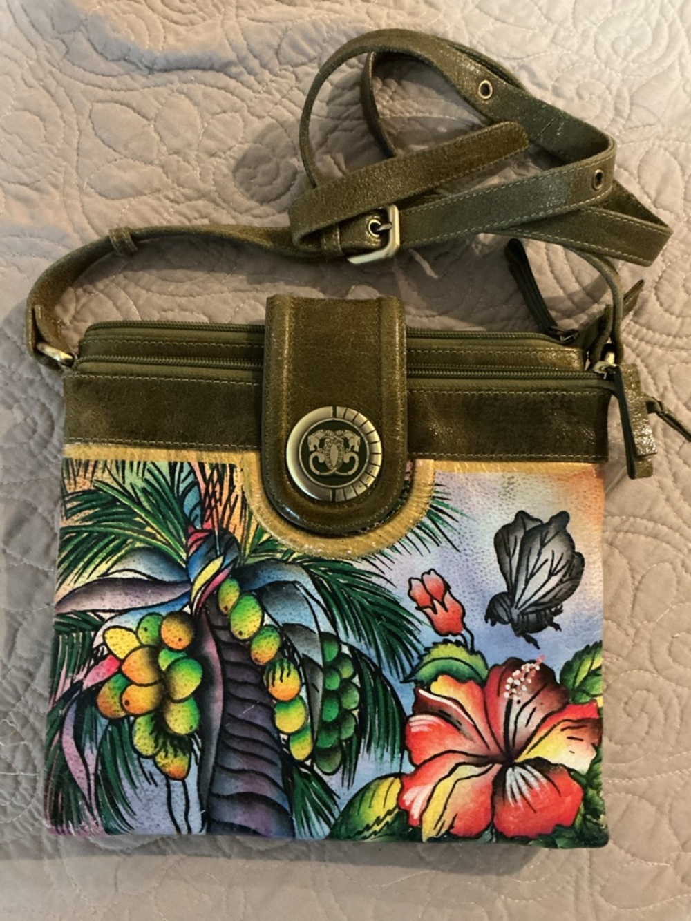 SHARIF Vintage Leather Crossbody w Hand-Painted Tropical Artwork